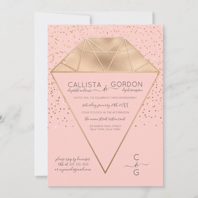 Pink Gold Diamond Confetti Glitter Engagement Invitation (Front)