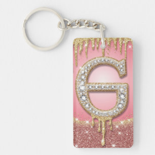 Pink Gold Diamond Letter G Initial Gift For Her Key Ring