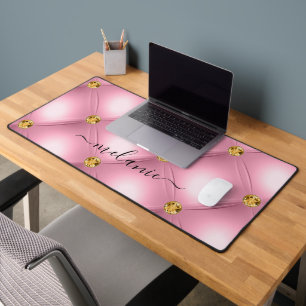 Pink Gold Diamond Tufted Your Name Desk Mat