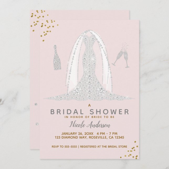 Pink & Gold Diamond Wedding Dress Bridal Shower Invitation (Front/Back)