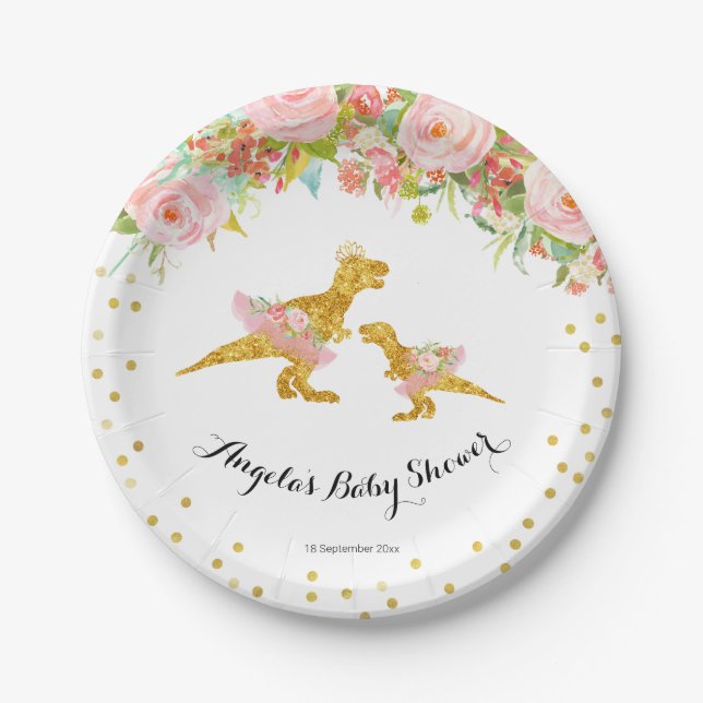 Pink Gold Dino Girl Baby Show Party Paper Plates (Front)