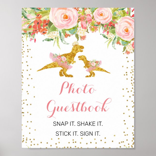 Pink Gold Dino Girl Photo Guestbook sign (Front)