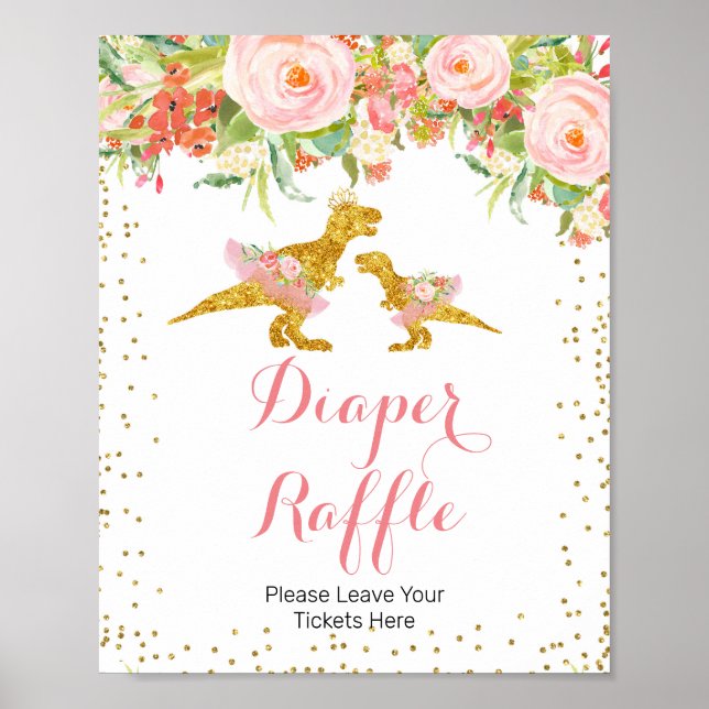 Pink Gold Dino Girl Watercolor Diaper Raffle sign (Front)