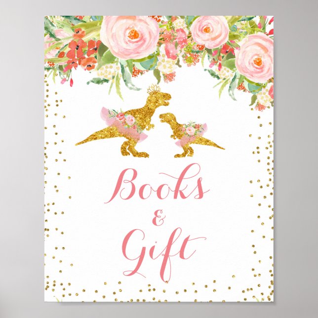 Pink Gold Dino Girl watercolor Gift sign (Front)