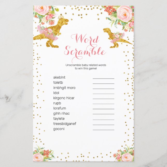 Pink Gold Dino Girl Watercolor Word Scramble Game (Front)