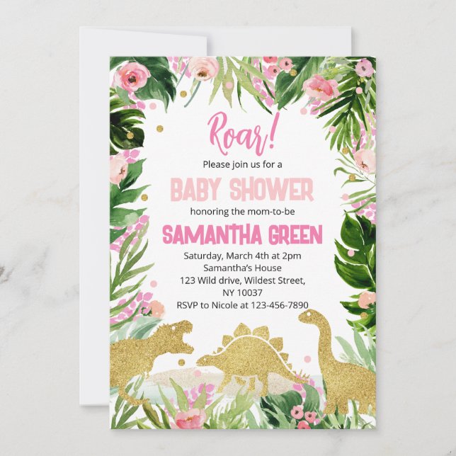 Pink Gold Dinosaur Baby Shower Invitation (Front)