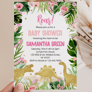 Pink Gold Dinosaur Baby Shower Invitation