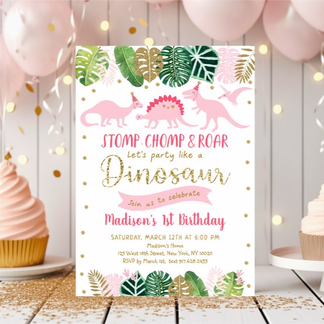 Pink Gold Dinosaur Birthday Invitation (Creator Uploaded)