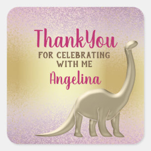 Pink Gold Dinosaur Girl Birthday  Square Sticker