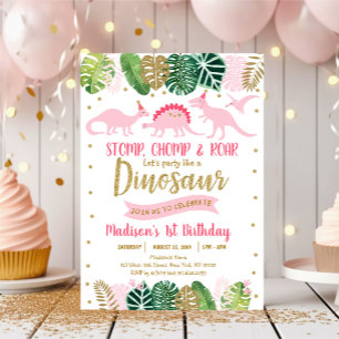Pink & Gold Dinosaur Safari Birthday Invitation