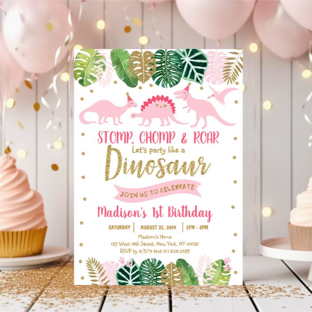 Pink & Gold Dinosaur Safari Birthday Invitation (Creator Uploaded)
