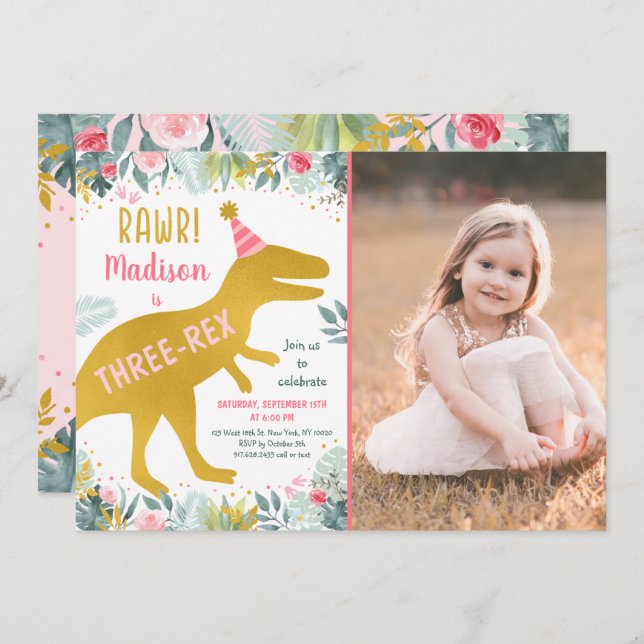 Pink Gold Dinosaur Three Rex Birthday Invitation (Front/Back)
