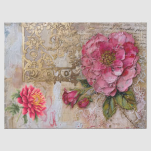 Pink & Gold Distressed Vintage Floral Decoupage Tissue Paper