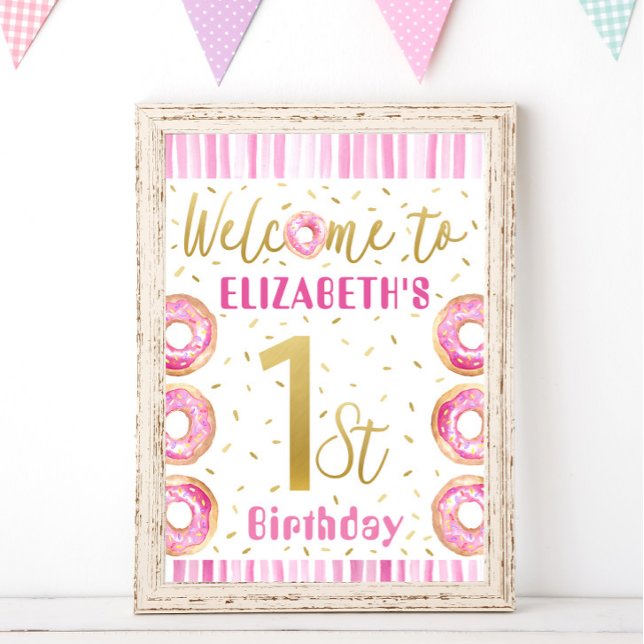Pink & Gold Donut 1st Birthday Party Welcome Sign (Creator Uploaded)