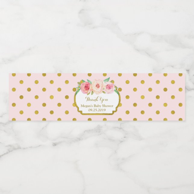 Pink Gold Dots Baby Shower Water Bottle Label (Single Label)