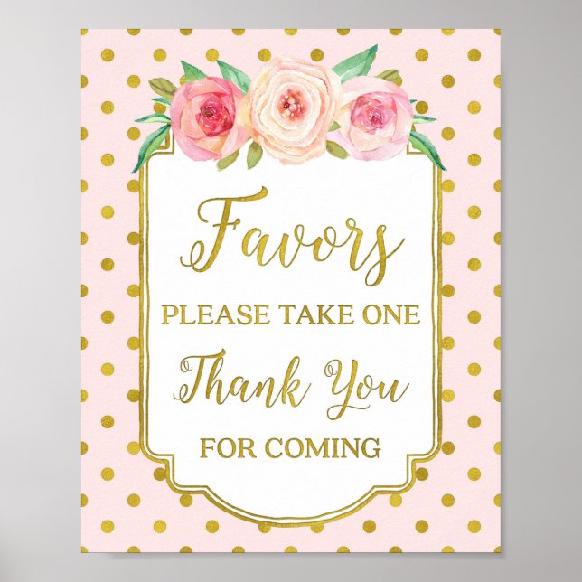 Pink Gold Dots Blush Floral Favours Sign (Front)