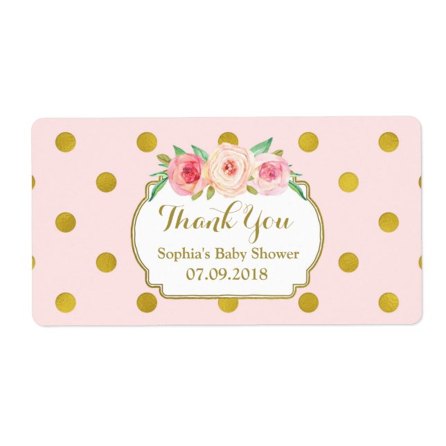 Pink Gold Dots Floral Baby Shower Labels (Front)