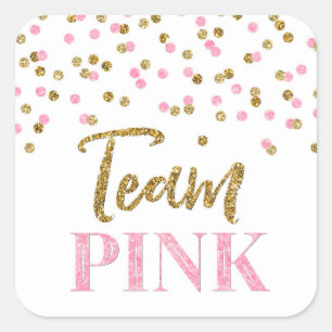 Pink Gold Dots Gender Reveal Baby Shower Team Pink Square Sticker