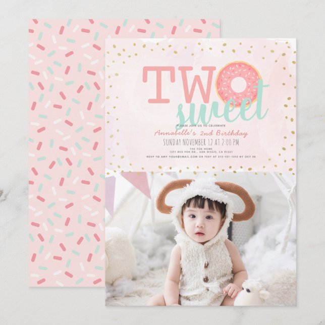 Pink Gold Doughnut Two Sweet Photo Girl 2nd Birthd Invitation (Front/Back)