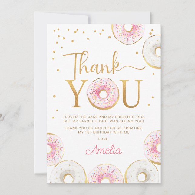 Pink Gold Doughnuts Birthday Thank You Card (Front)
