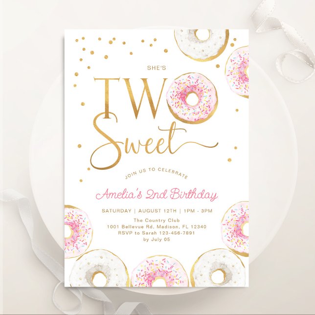 Pink Gold Doughnuts Two Sweet 2nd Birthday Invitation (Creator Uploaded)