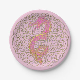 Pink Gold Dragon on Chinese Traditional Pattern Paper Plate