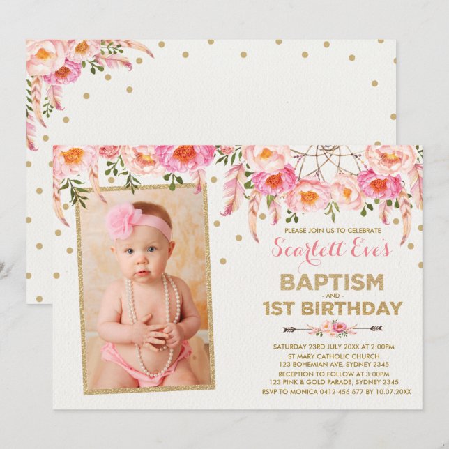 Pink Gold Dreamcatcher Baptism 1st Birthday Party Invitation (Front/Back)