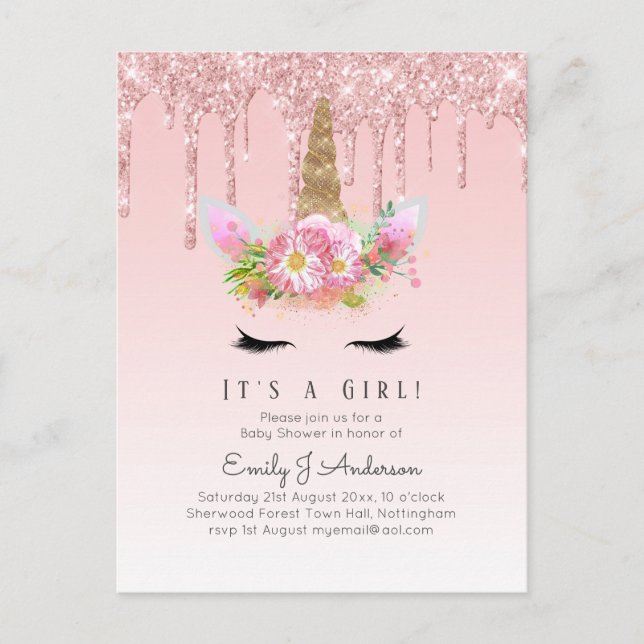 Pink Gold Drip Glitter Unicorn Baby Girl Shower Postcard (Front)