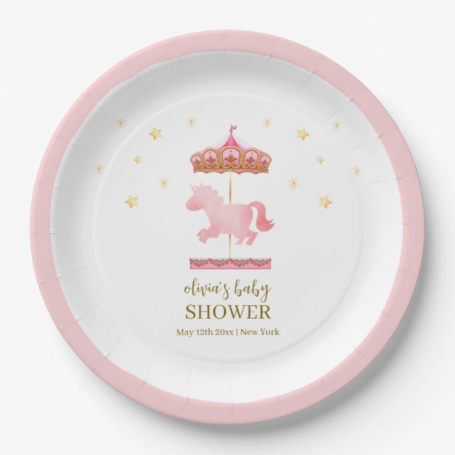 Pink Gold Elegant Carousel Carnival Baby Shower Paper Plate (Front)