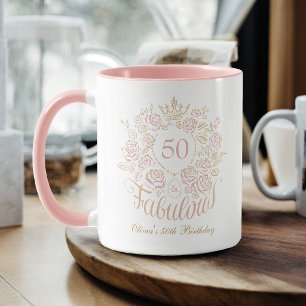 Pink & Gold Elegant Floral 50 & Fabulous Birthday Mug