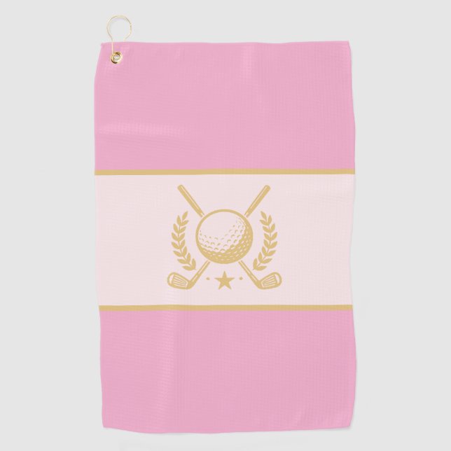 Pink & Gold Elegant Laurel Crest Design Golf Towel (Front)