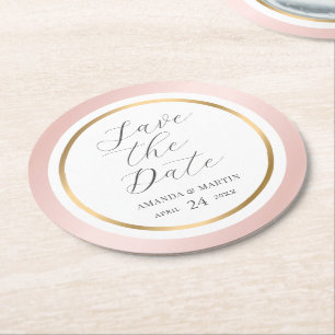 Pink Gold Elegant Script Wedding Save The Date Round Paper Coaster