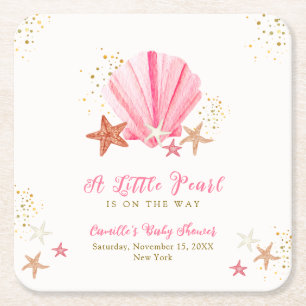Pink Gold Elegant Starfish Seashell Baby Shower Square Paper Coaster