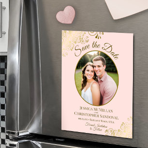 Pink & Gold Elegant Wedding Save Date Oval Photo Magnetic Invitation