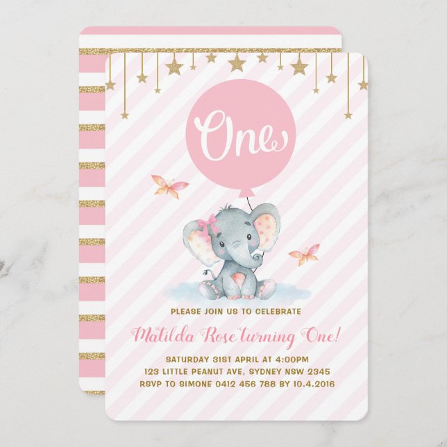Pink Gold Elephant 1st First Birthday Twinkle Star Invitation (Front/Back)
