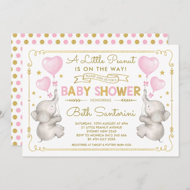 Pink Gold Elephant Baby Shower Girl Jungle Invite (Front/Back)