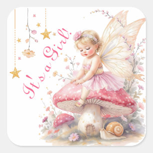 Pink & Gold Fairy Cottage Core Girl's Baby Shower  Square Sticker