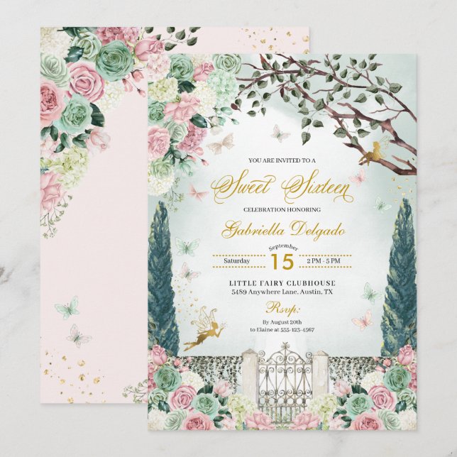 Pink Gold Fairy Enchanted Garden Sweet 16 Invitation (Front/Back)