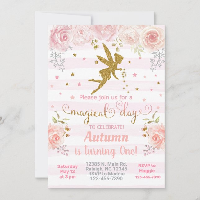 Pink & Gold fairy girl birthday invitation. Invitation (Front)