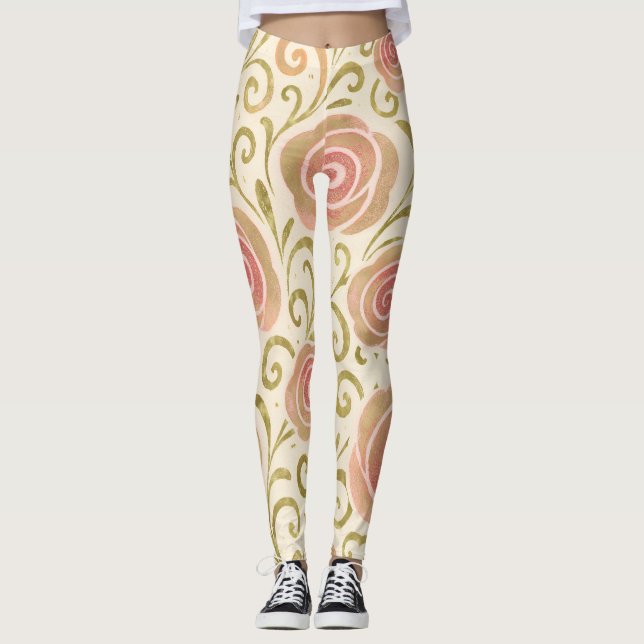 Pink & Gold Fairy Tale Storybook Princess Roses Leggings (Front)