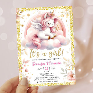 Pink & Gold Fairy Unicorn Baby Shower Invitation