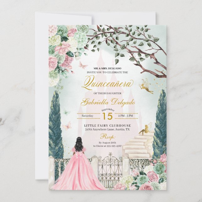 Pink Gold Fairytale Enchanted Garden Quinceanera Invitation (Front)