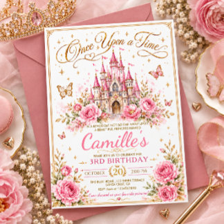 Pink Gold Fairytale Princess Castle Birthday Invitation