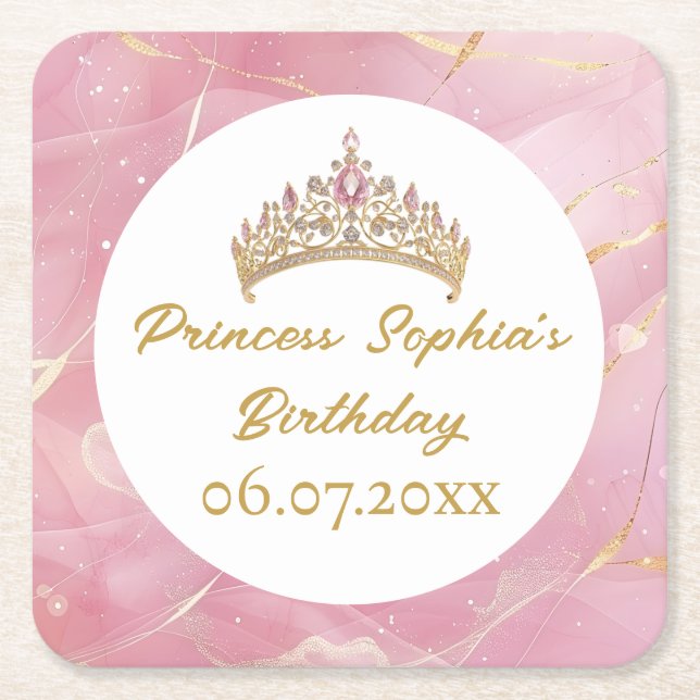 Pink Gold Fairytale Princess Crown Birthday Party  Square Paper Coaster (Front)