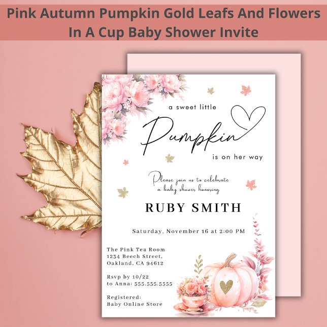 Pink Gold Fall Pumpkin Flowers Girl Baby Shower Invitation (Creator Uploaded)