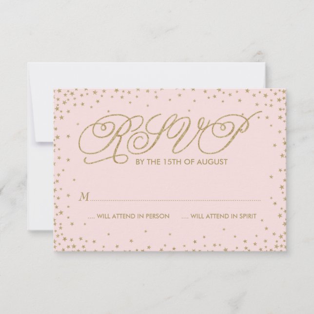 Pink & Gold Fancy Stars Wedding RSVP Card (Front)