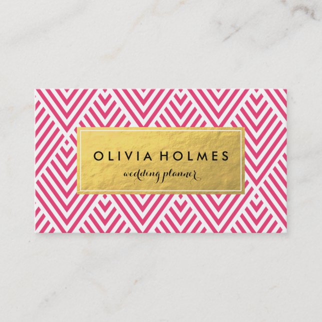 Pink & Gold Faux Foil Chevron Business Card (Front)