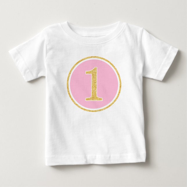 Pink Gold Faux Glitter Circle 1st Birthday Baby T-Shirt (Front)