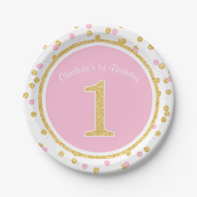 Pink Gold Faux Glitter Confetti 1st Birthday Name Paper Plate (Front)