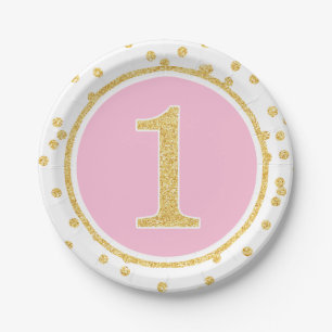 Pink Gold Faux Glitter Confetti 1st Birthday Paper Plate